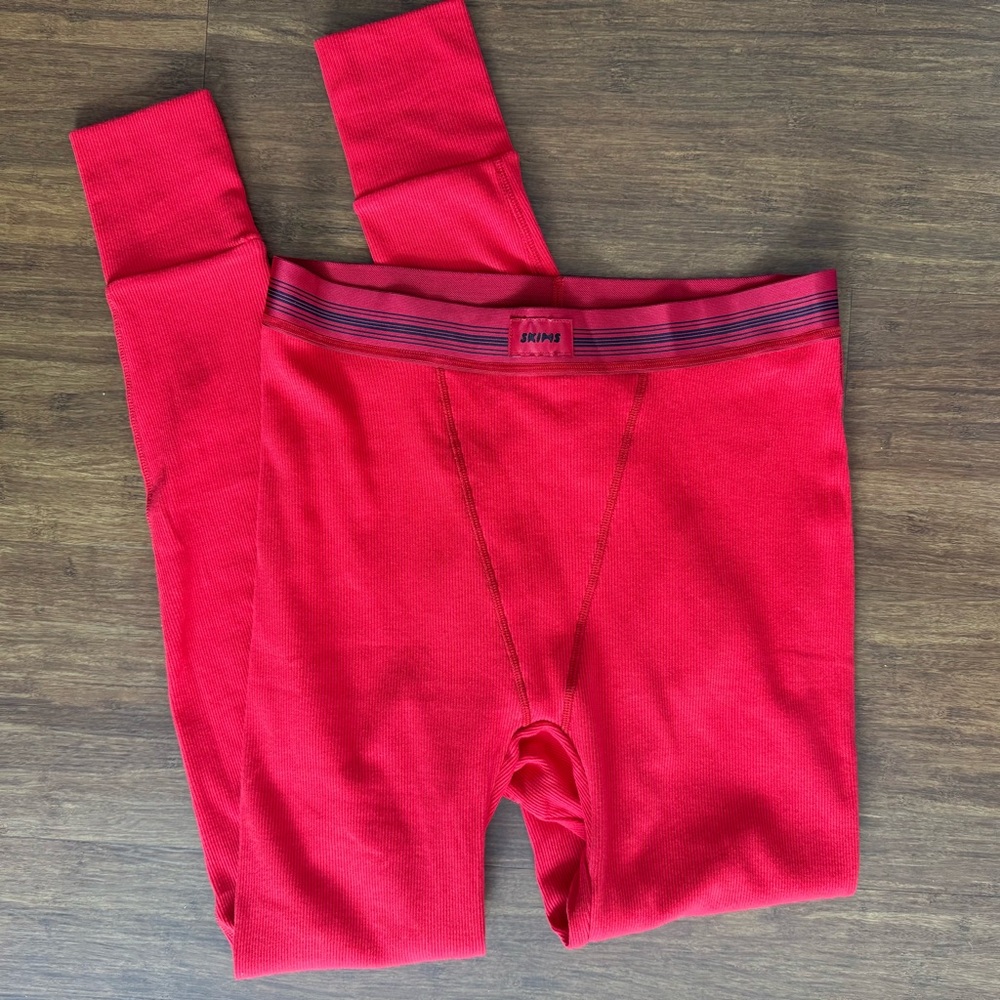 SKIMS Red Leggings Womens Medium Cotton Ribbed NWT Comfy Lounge Pants Long John